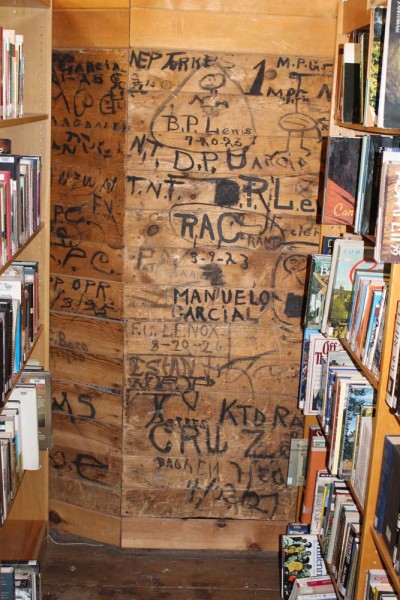 Scrawlings made in the original depot walls have been preserved inside the library.  You can see some scrawl dates in this image.