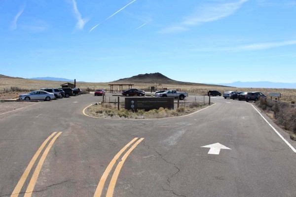 The Volcanoes Day Use Area parking lot, with JA Volcano behind it, the southmost volcano.