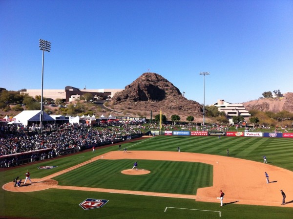 Tempe Diablo Stadium. After half a game off third base, we retreated to the shade of an upper deck pavilion.