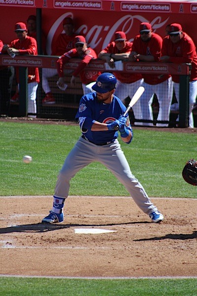 Kyle Schwarber, 2016 World Series legend and a guy nice enough to come out and sign fan baseballs pre-game, takes a pitch.