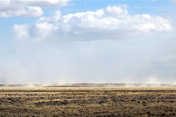 Salt sails off of saline lake beds when the wind roars southeast of Estancia.